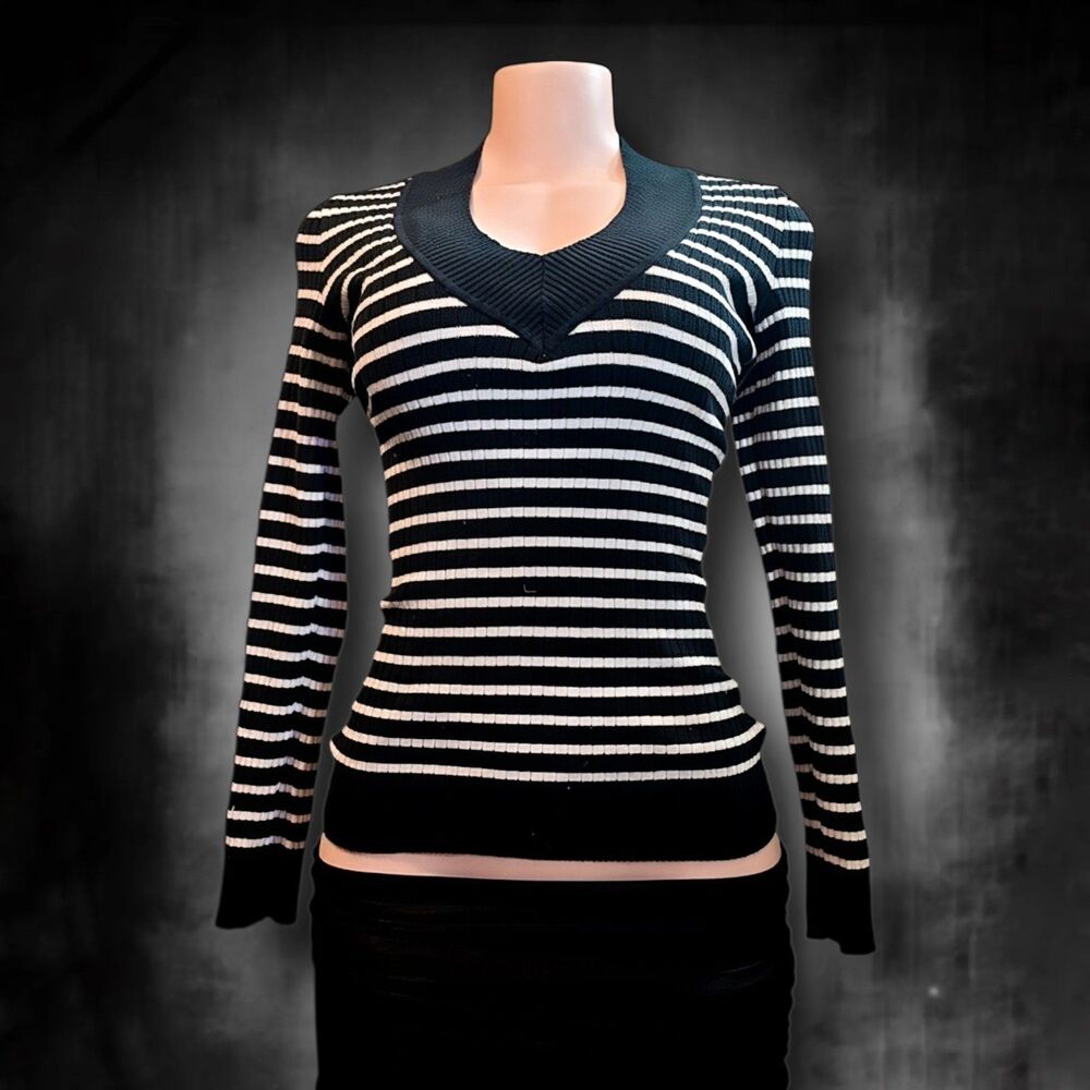 Vintage LEI Black White Striped V Neck Ribbed Knit Sweater Juniors Large